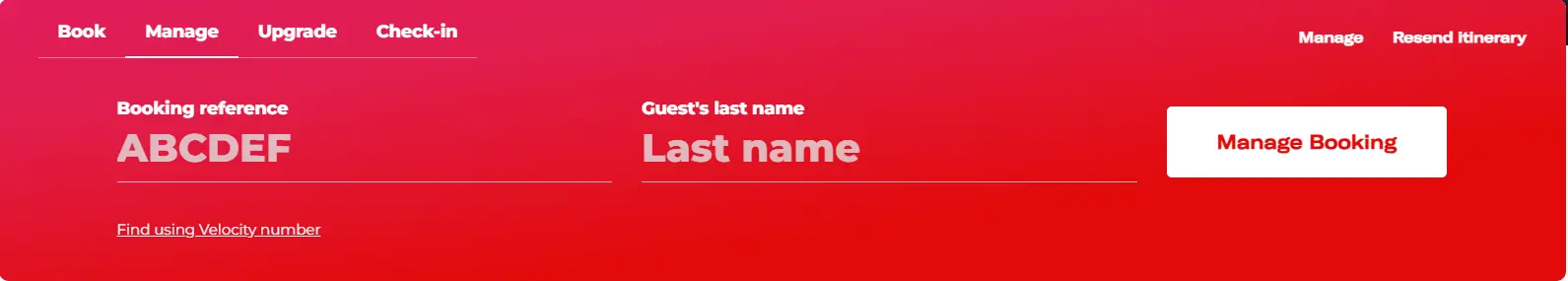 Virgin Australia's Manage Booking option allowing users to modify flights online by entering a booking reference or Velocity number